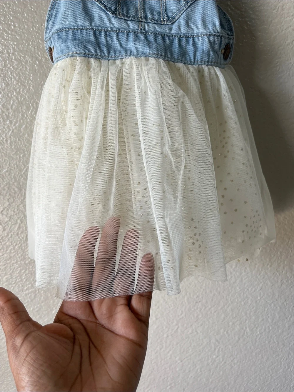 OshKosh B'gosh Light Blue Denim Overall Dress with White Tulle Skirt Sz 3T